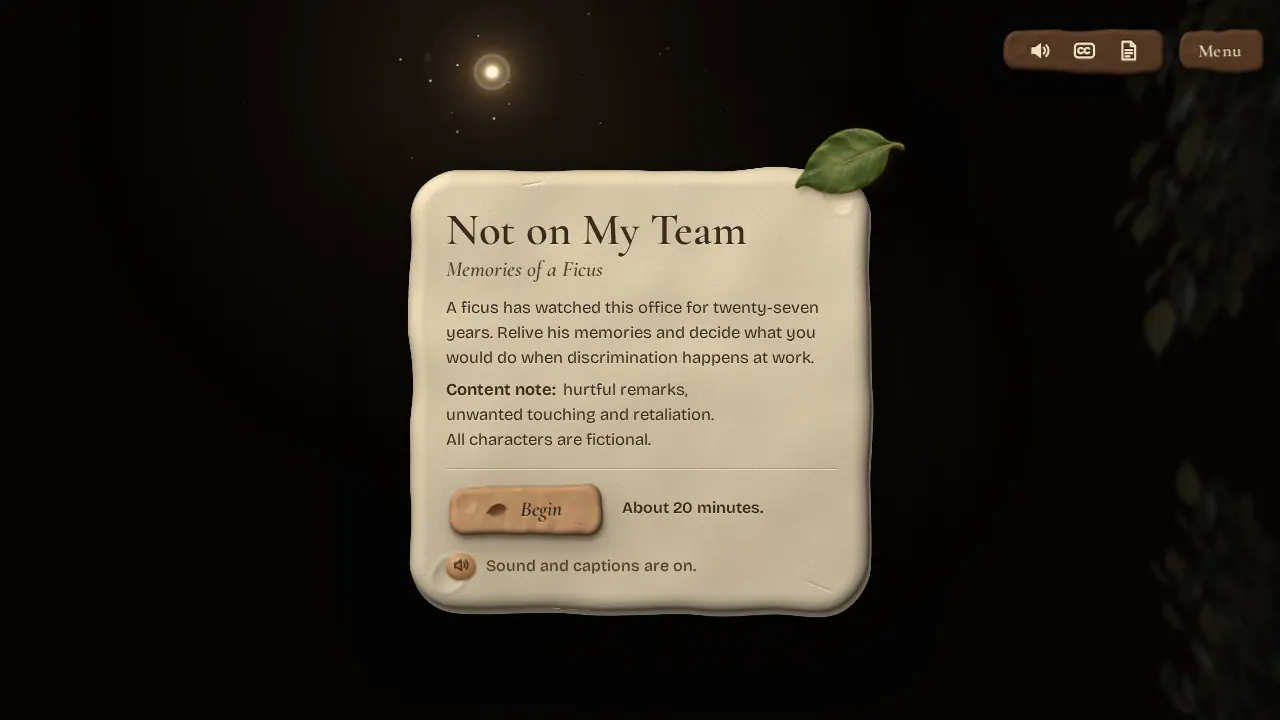 The course title card on desktop: Not on My Team on a paper tag over the dark night office, with two lines of intro text and a button to begin.