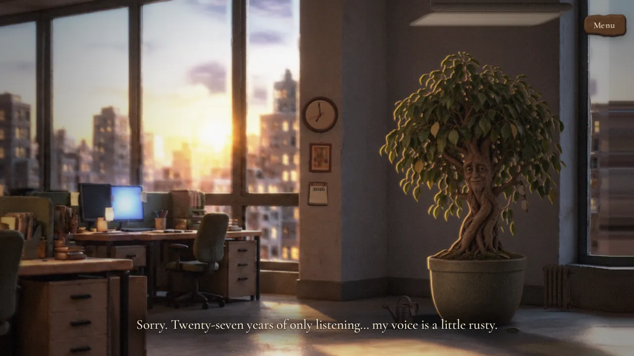 The clay-style office in warm morning light with Benjamin in his corner; the room works as the course menu.