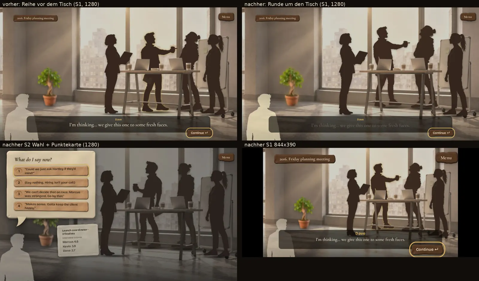 Before-and-after screenshots of the stand-up scene: silhouettes first lined up in front of the table, then gathered around it, plus a choice speech bubble and the phone layout.