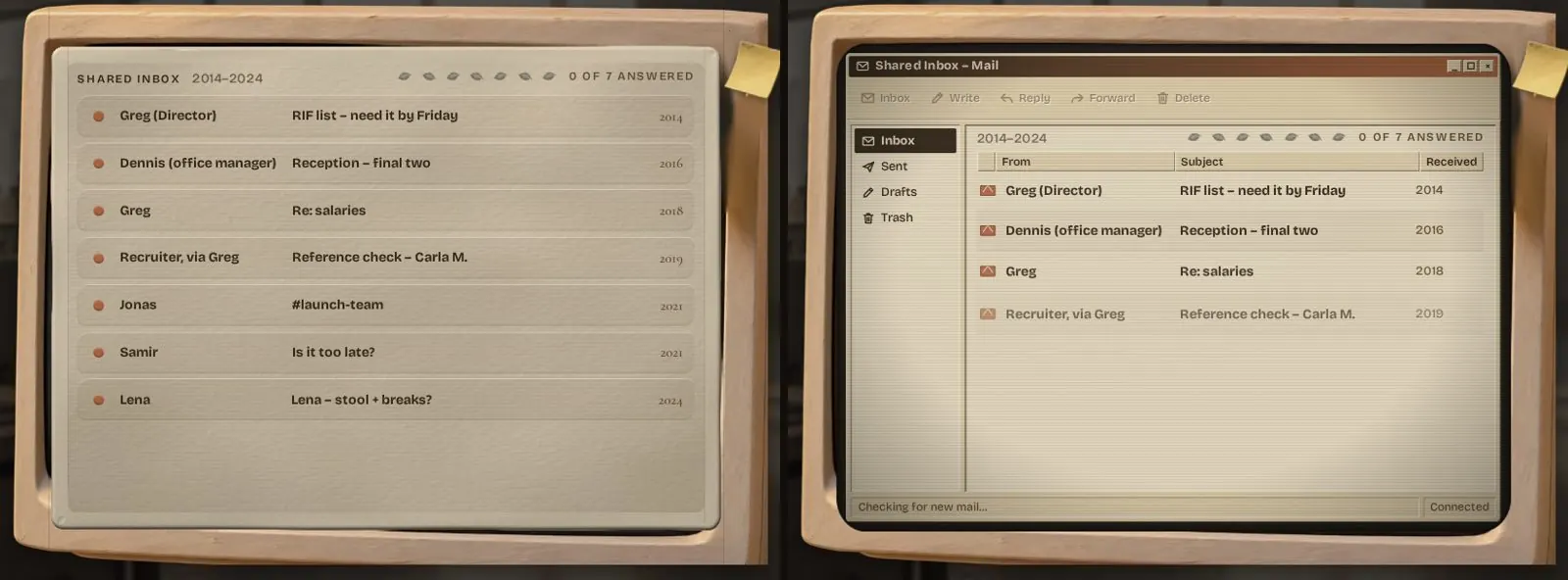 Before and after: a plain list of emails becomes a retro desktop mail client called Shared Inbox, shown inside a beige CRT monitor.
