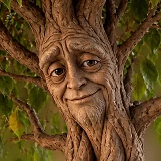 Benjamin's carved wooden face in the trunk of the ficus