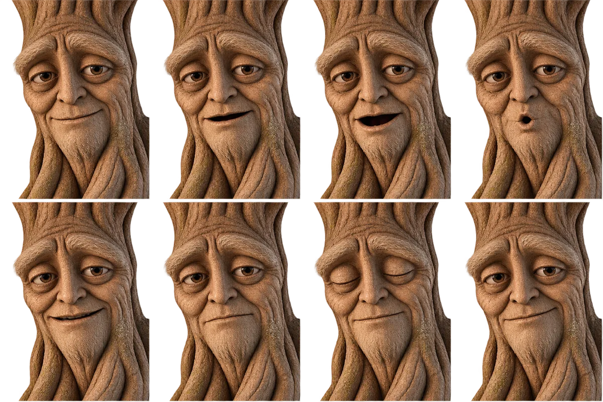 A sheet of eight carved-wood faces of Benjamin with different expressions and mouth shapes for lip sync.