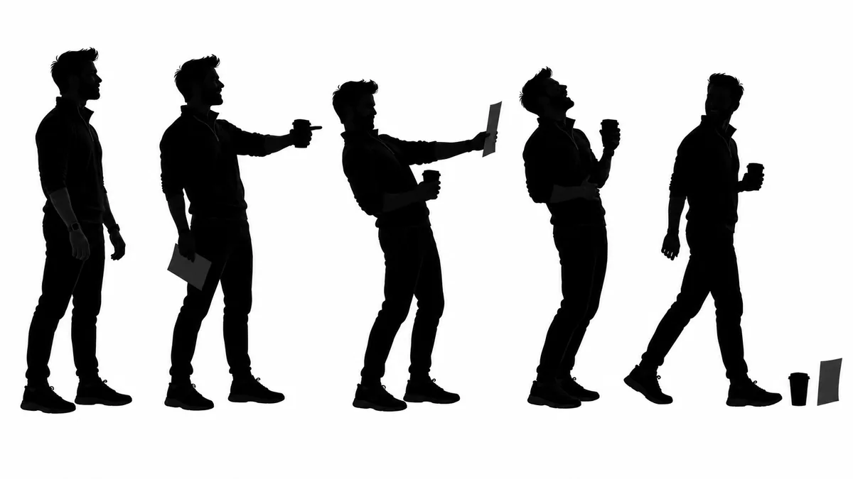 A pose sheet with five black silhouettes of the same man: standing, pointing, gesturing, laughing, walking off.