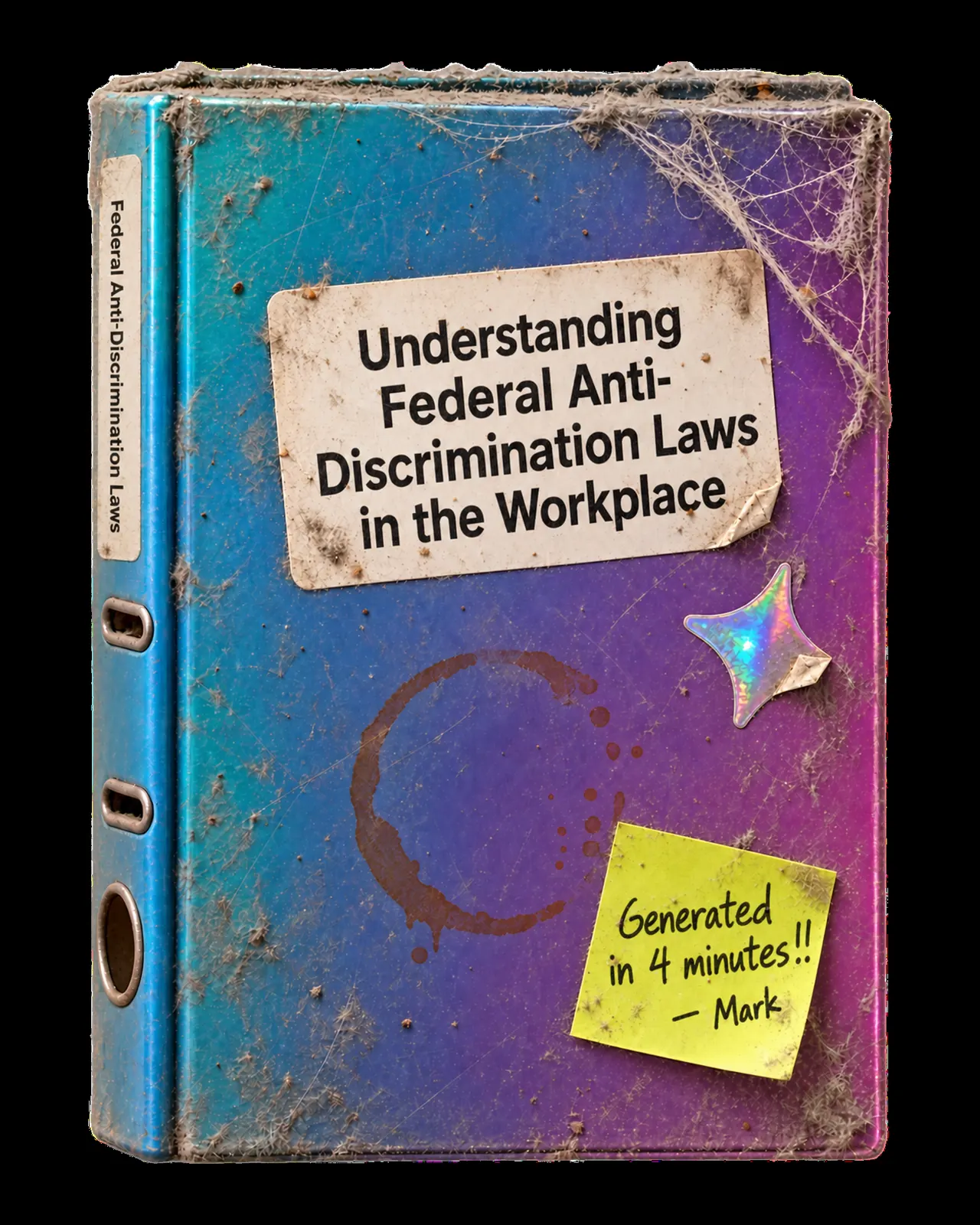 A clay-style prop: a worn, dusty binder titled Understanding Federal Anti-Discrimination Laws in the Workplace, with a sticky note on the cover.