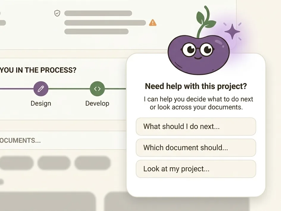 Beanly Studio interface: the bean mascot asks Need help with this project? and offers options like What should I do next?