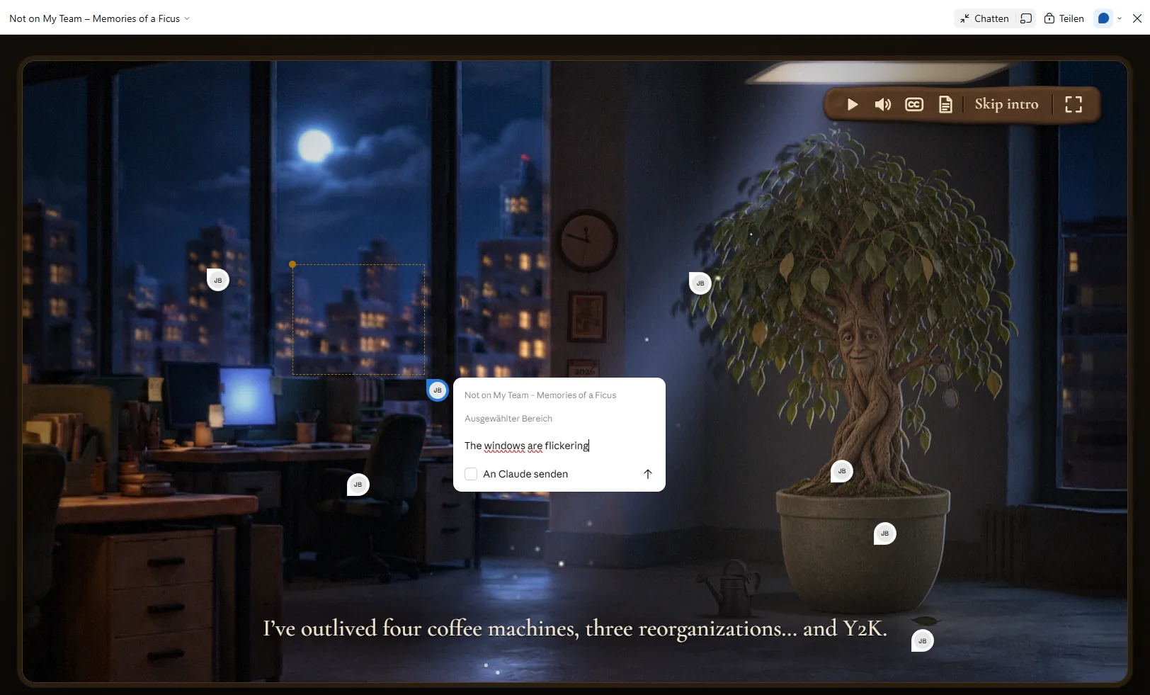 The course's night intro scene open in Claude, with JB comment pins all over it; one open comment on the city windows reads: The windows are flickering.