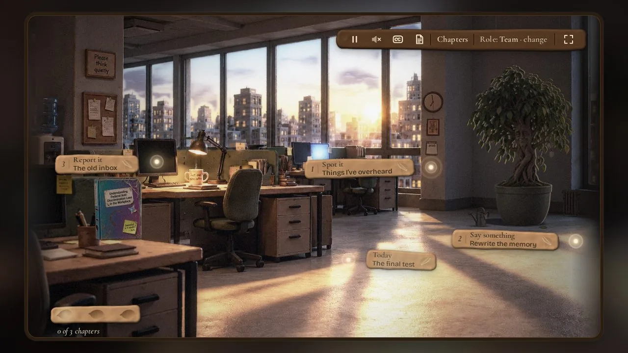 The sunlit office as the course menu, with labels for Spot it, Say something, Report it and Today, and the chosen role in the top bar.
