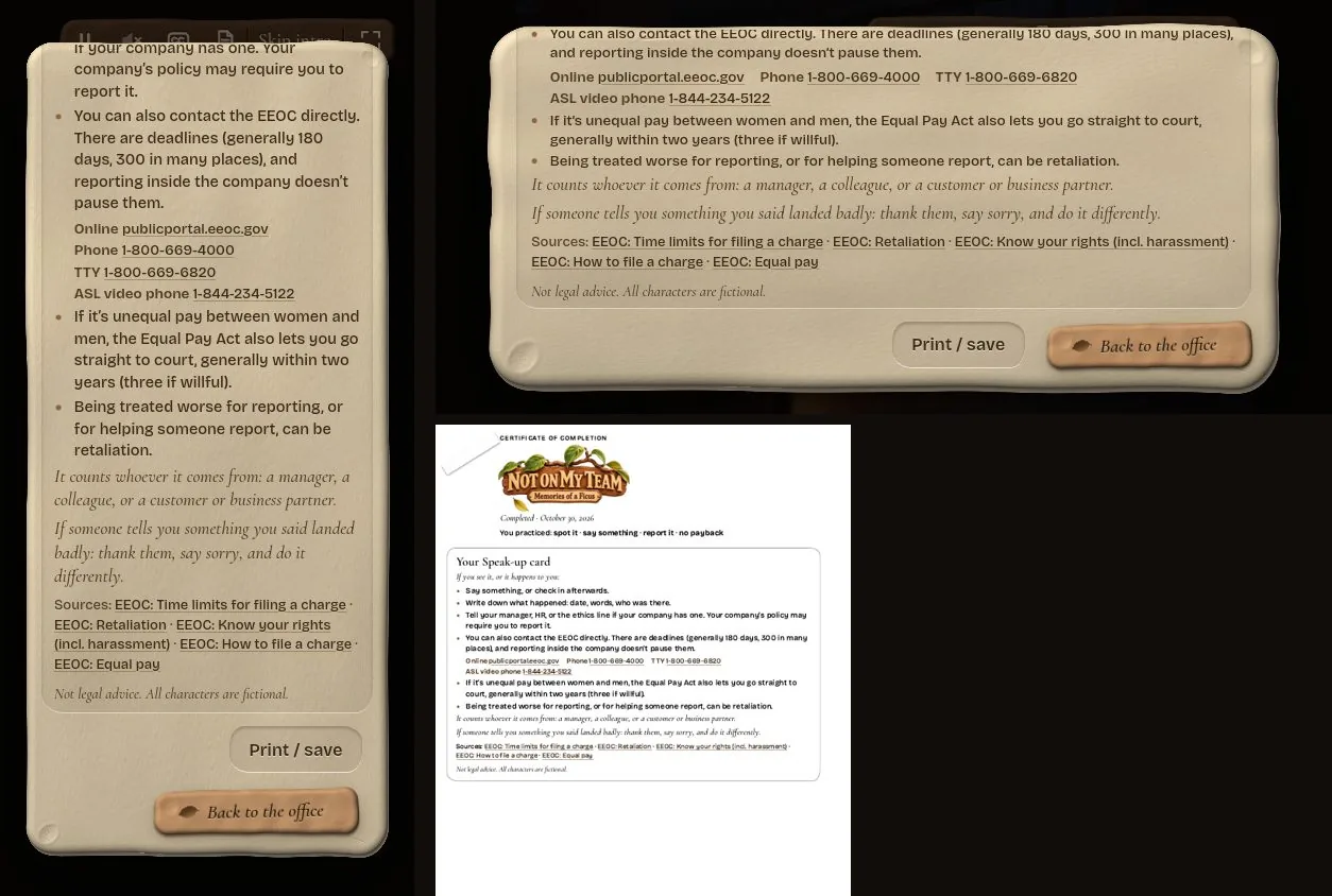 The Speak-up card on a phone and on desktop, with the EEOC deadlines and phone numbers, and the same card printed on the certificate of completion.