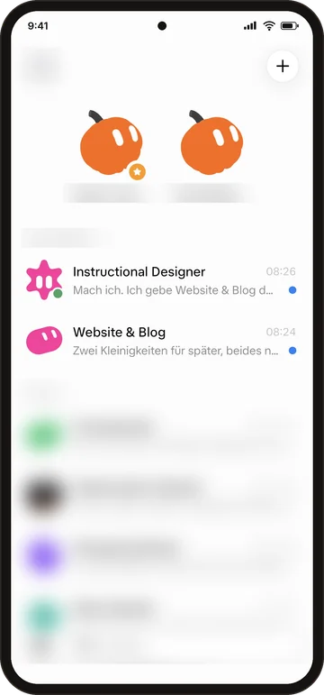 Phone screenshot of the Grok Bot app home screen. Two bots are visible, Instructional Designer and Website & Blog, each with the start of its last message. The rest of the list is blurred.