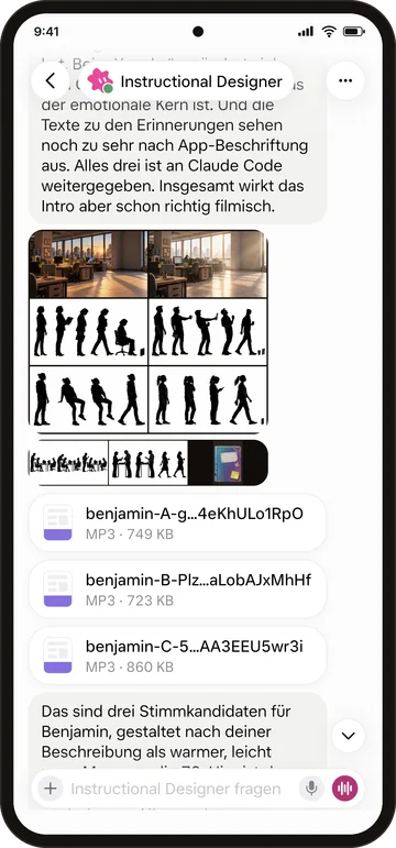 Phone screenshot of a chat with the Instructional Designer bot: a grid of storyboard frames showing a sunlit office and black character silhouettes, followed by three MP3 files with voice candidates for Benjamin.