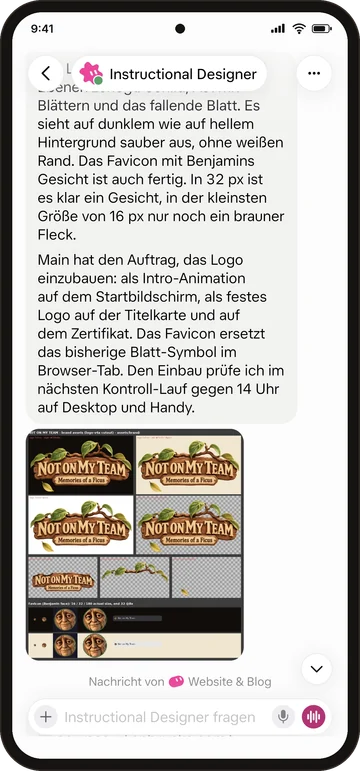 Phone screenshot of the same chat: the bot describes the finished logo and favicon, above an asset sheet showing the Not on My Team: Memories of a Ficus logo on dark, light and transparent backgrounds, and Benjamin’s face as a favicon in several sizes.