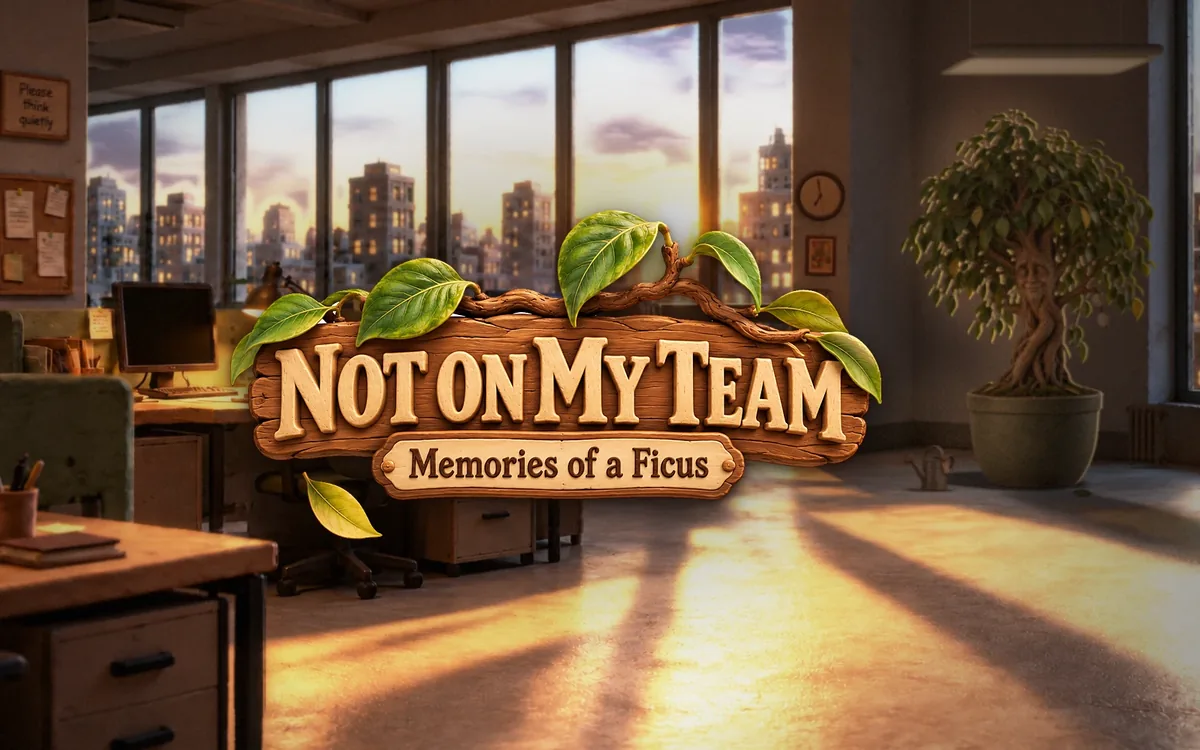 Course title screen of Not on My Team: Memories of a Ficus: the wooden logo sign with leaves in the middle of a sunlit office at sunset, Benjamin the ficus in his corner on the right